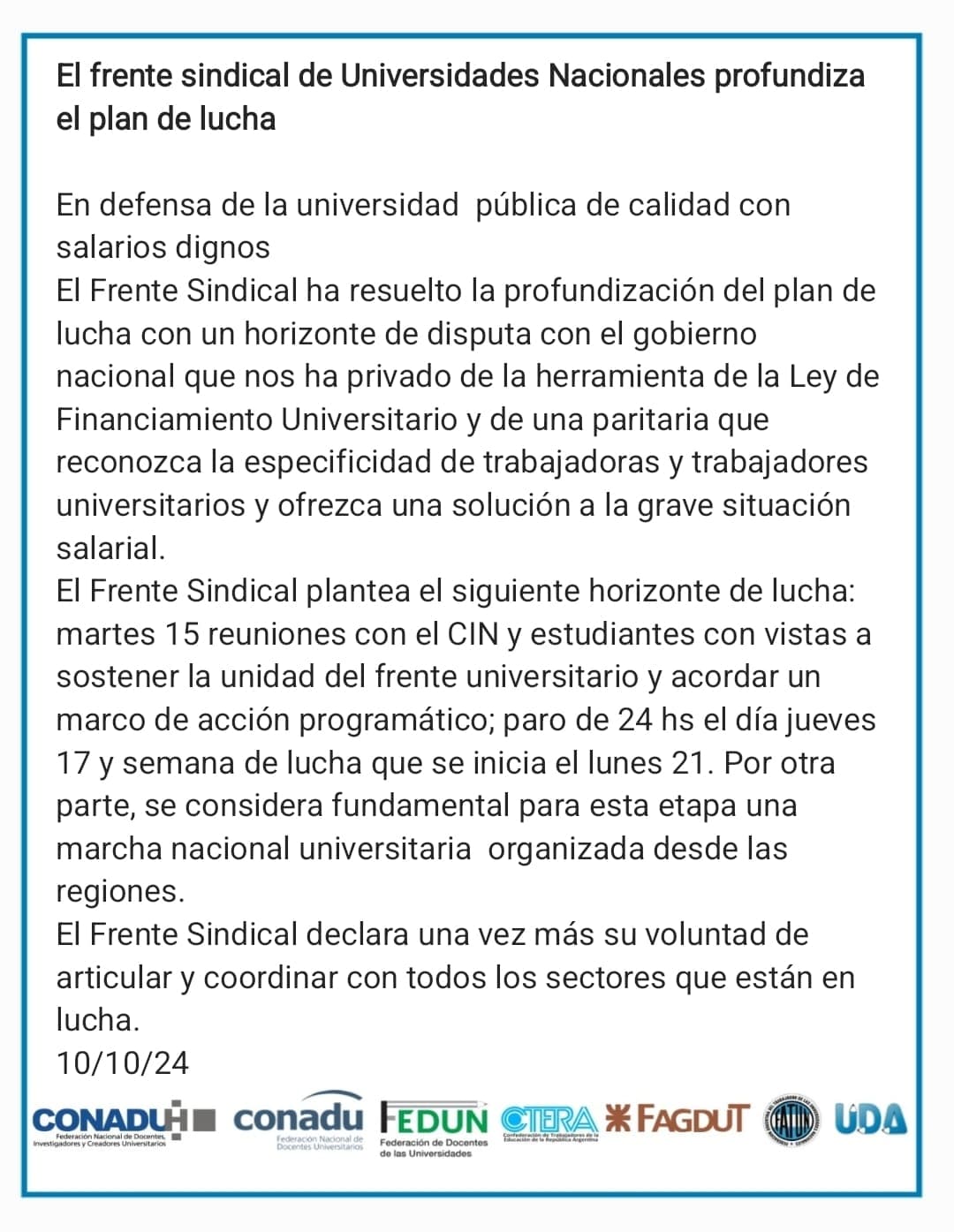 frente sindical de universidades nacionales